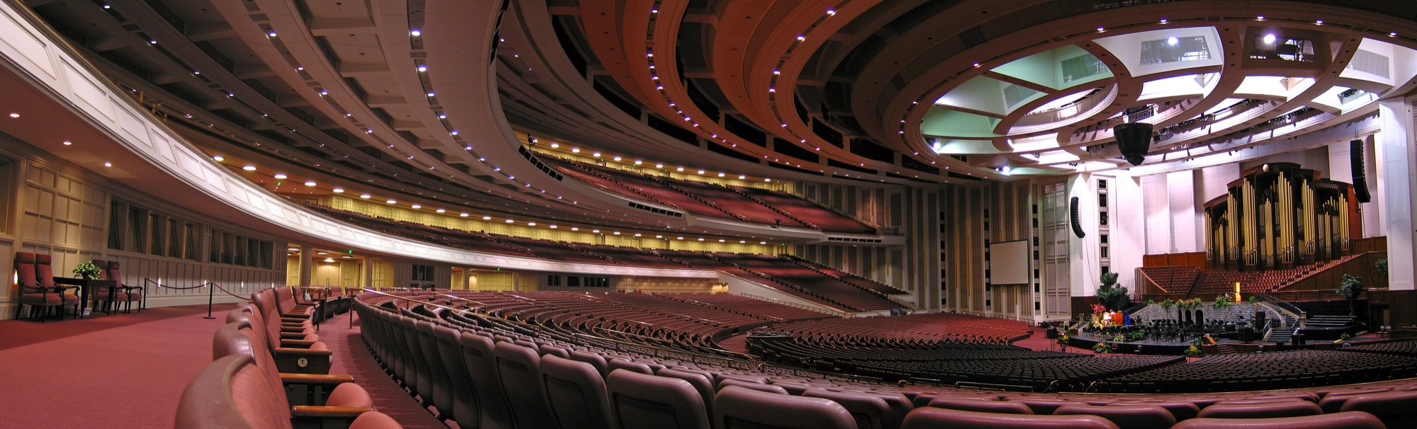 The interior of the Conference Center in Salt Lake City, looking toward the pulpit and the choir seats.